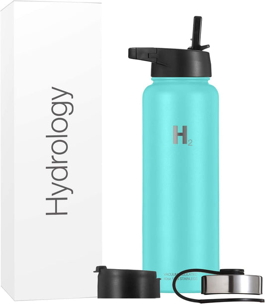 Water Bottle - 18 Oz, 22 Oz, 32 Oz, 40 Oz, or 64 Oz with 3 LIDS Double Wall Vacuum Insulated Stainless Steel Wide Mouth Sports Hot & Cold Thermos (40 Oz, Aquamarine)