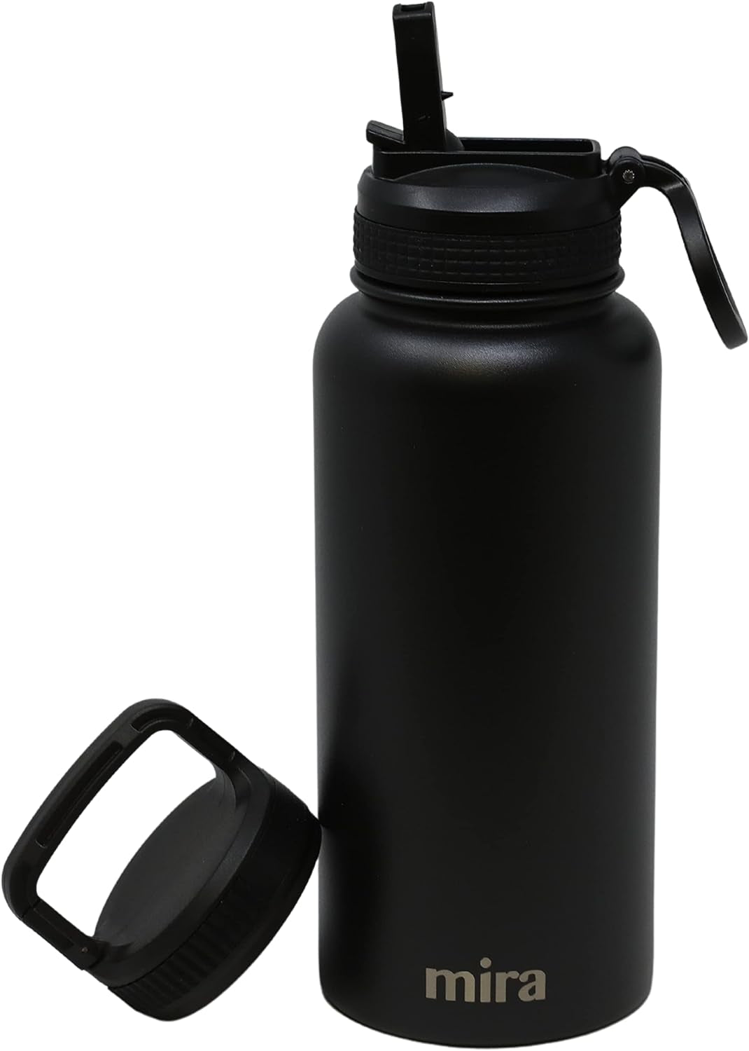 Water Bottle with Straw and Handle Lid Vacuum Insulated Stainless Steel Metal Thermo Bottle - Reusable Leak Proof Keep Cold Sports Flask - 32 Oz, 2 Lids, Black